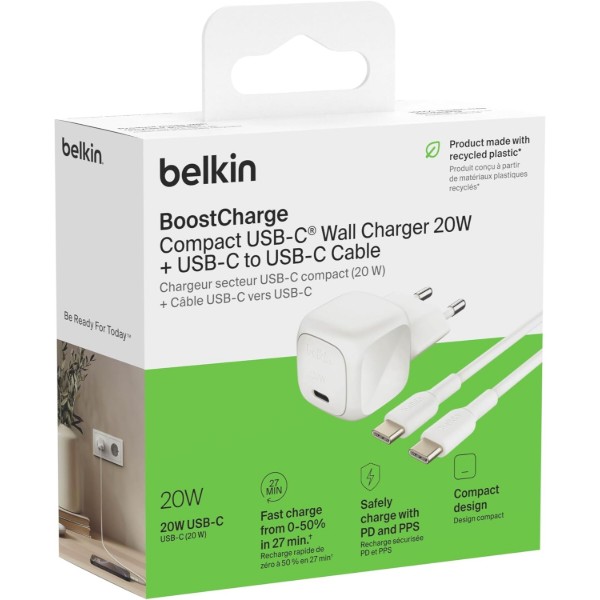 Фото - Сетевое зарядное устройство Belkin 20Вт USB-С PD PPS, кабель USB-С - USB-C, 1м White (WCA009KQ1MWH-B6)