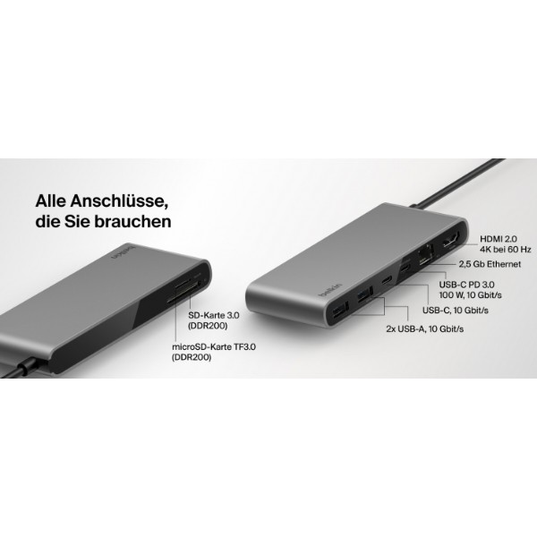 Фото - Хаб USB Belkin USB-C 8в1 Ethernet Multiport Dock (INC024HQSGY)