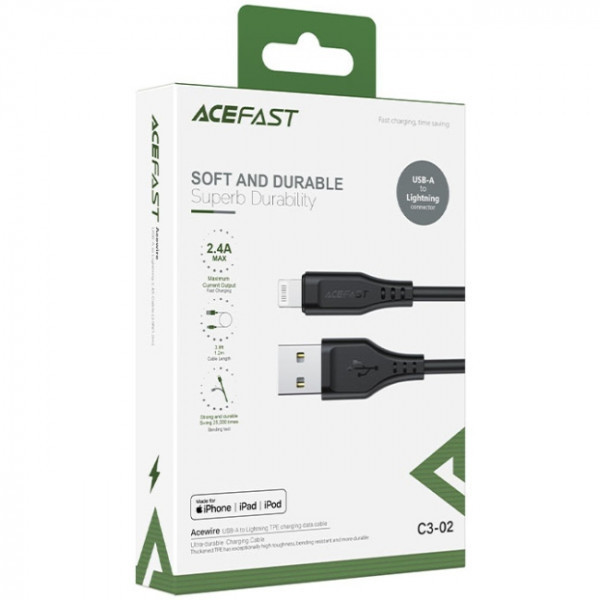 Фото - Кабель синхронізації даних AceFast USB 2.0 USB-A to Lighting, 1,2 м, 2,4A, TPE C3-02 Black (6974316280828)