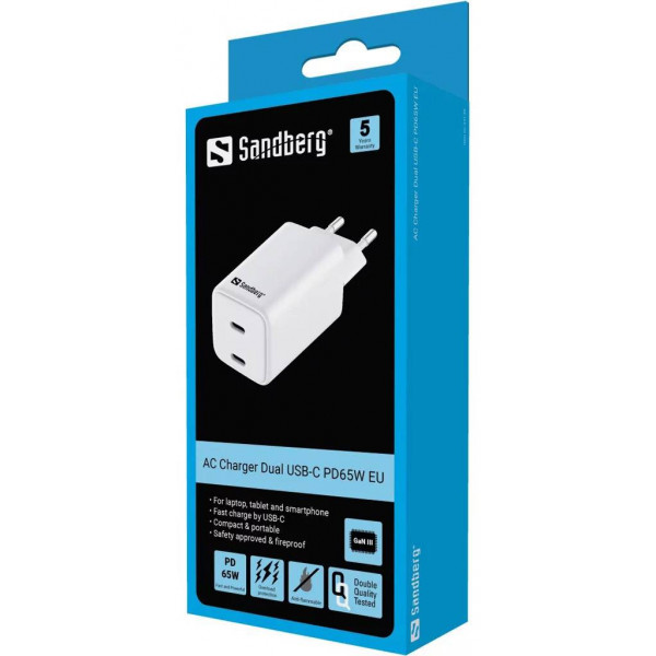 Фото - Мережевий зарядний пристрій Sandberg 2xUSB 65W (2xUSB-C) Gan III (441-56)