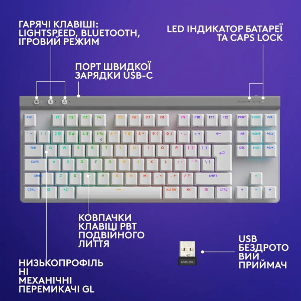 Фото - Клавиатура беспроводная игровая Logitech G515 Lightspeed TKL White (920-012539)