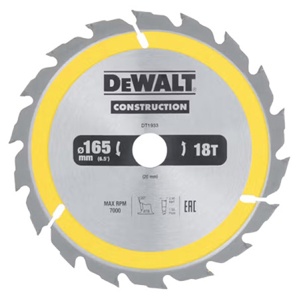 Фото - Круг відрізний по дереву DeWALT СONSTRUCTION 165х20 мм (DT1933)