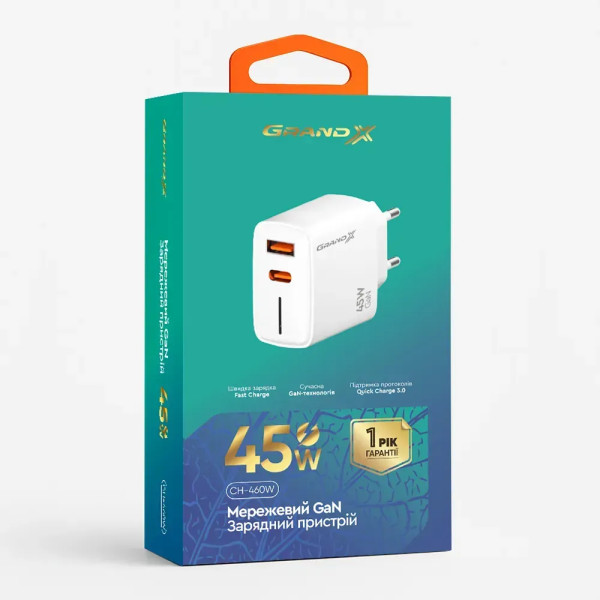 Фото - Мережевий зарядний пристрій Grand-X CH-460W USB A+Type-C 45W Quick Charge QС3.0 (3000001626015)
