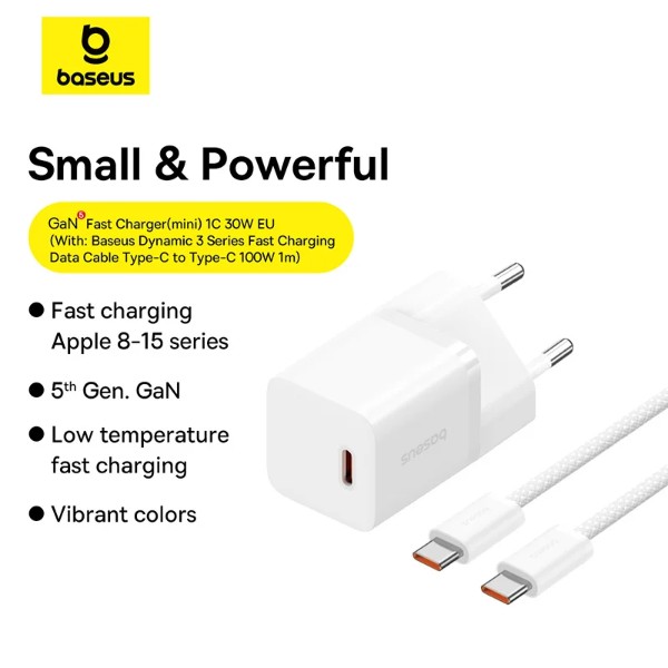 Фото - Мережевий зарядний пристрій Baseus GaN5 Fast Charger(mini) 1C 30W EU Moon White (P10110902213-00)