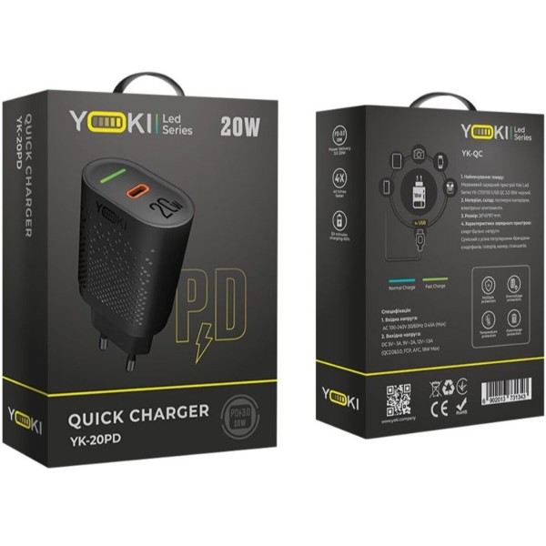 Фото - Мережевий зарядний пристрій YOKI Led Series 20W Black (YK-20PD)
