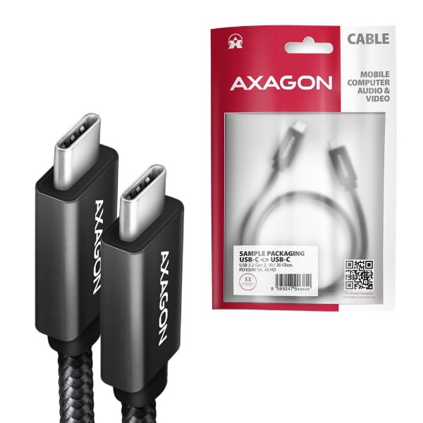 Фото - Кабель AXAGON USB-C 3.2 Gen 2, 2m, PD 100W, 5A, 4K HD, Black (BUCM32-CM20AB)