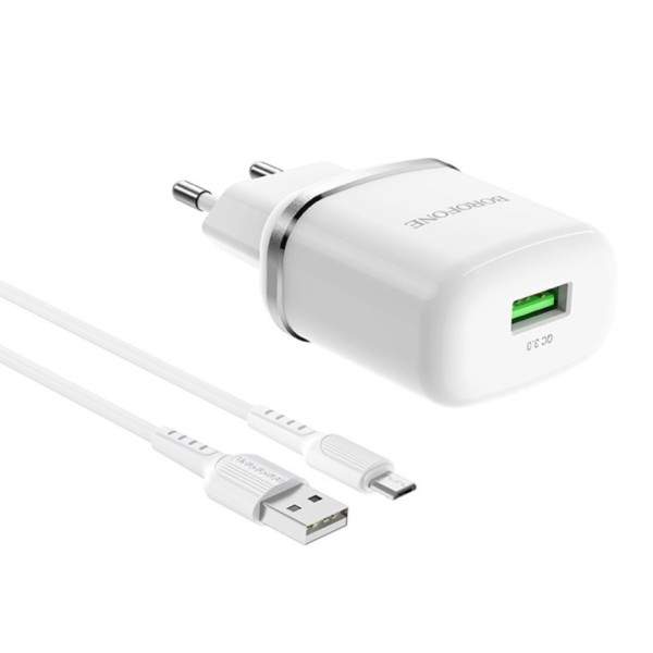 Фото - Мережевий зарядний пристрій BOROFONE BA36A High speed single port QC3.0 charger set 18W Micro White (6931474715999)