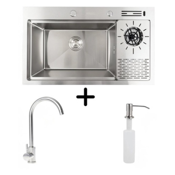 Фото - Мийка кухонна+змішувач+дозатор VALESO 78х46 Platinum Handmade нержавійка +коландер Фото - Мийка кухонна+змішувач+дозатор VALESO 78х46 Platinum Handmade нержавійка +коландер