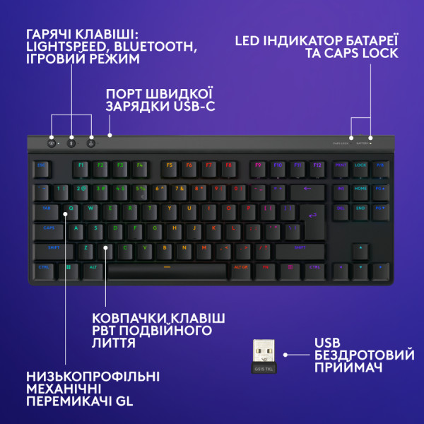 Фото - Клавіатура бездротова ігрова Logitech G515 Lightspeed TKL Mechanical Tactile Wireless (920-014075)