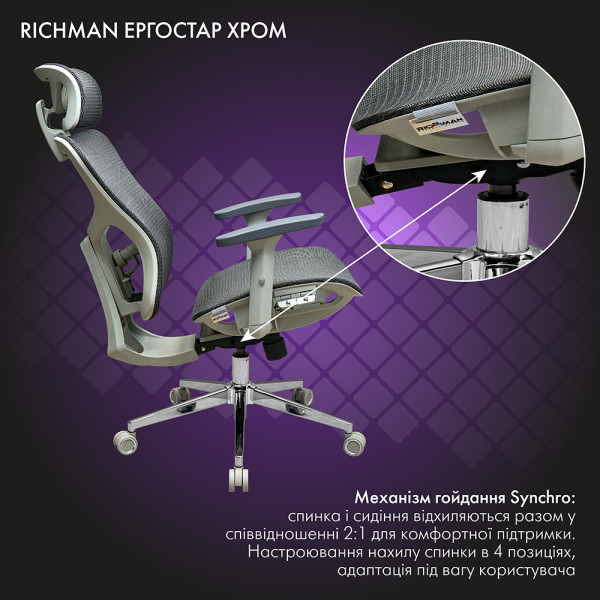 Фото - Крісло для геймерів Richman Ергостар Хром Synchro Сітка Сіра