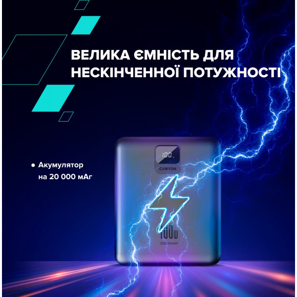 Фото - Батарея мобільна Canyon PB-2008 LED FLAT 20000 mAh PD100W QC3.0 Dark Grey (CNE-CPB2008DG)