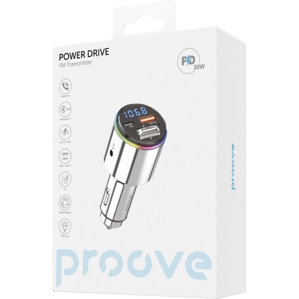 Фото - FM модулятор Proove Launcher Power Drive 30W (PD+QC3.0) Type-C+USB+AUX Silver (FMPD30110006)