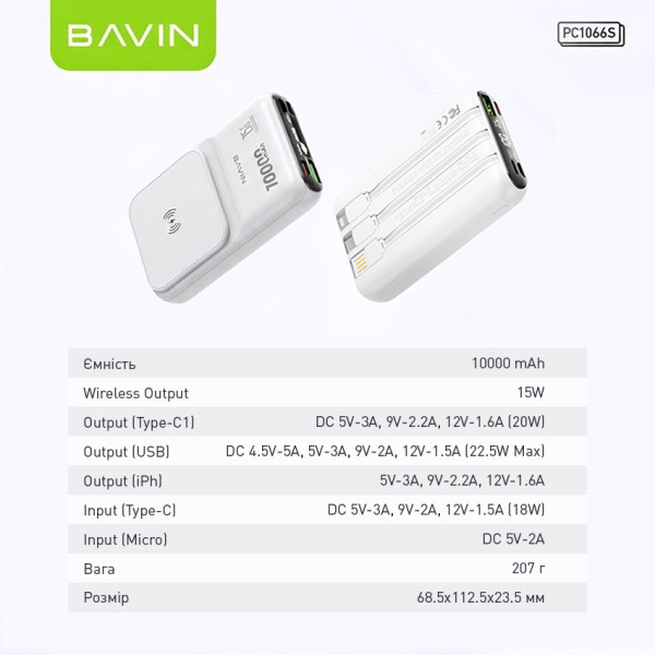 Фото - Батарея мобільна Bavin PC1066S 10000 mAh Wireless FAST CHARGING 22.5W White (Y-PC1066S-WH)