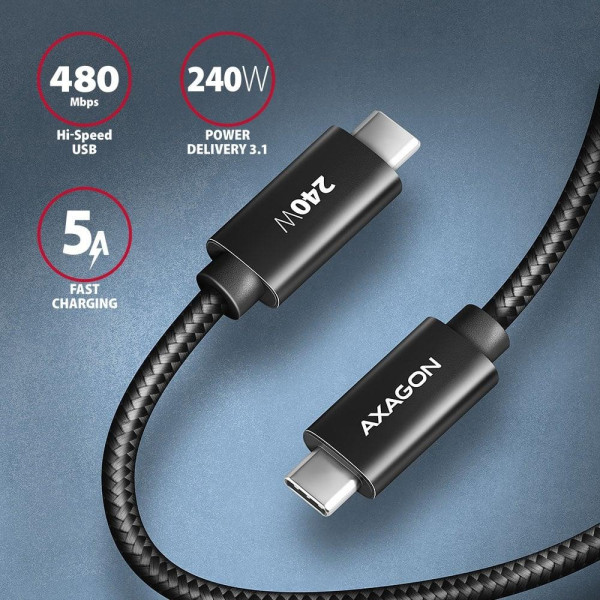 Фото - Кабель AXAGON USB-C 2.0, 1m, PD 240W 5A Black (BUCM2-CM10AB)