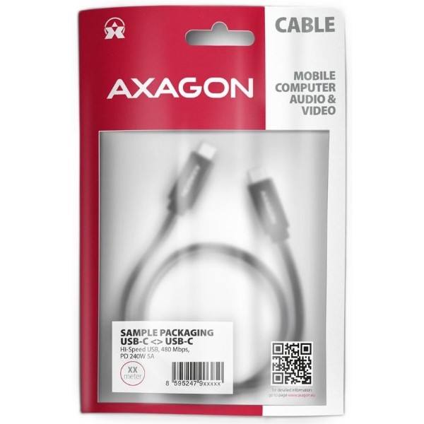 Фото - Кабель AXAGON USB-C 2.0, 2m, PD 240W 5A, Black (BUCM2-CM20AB)