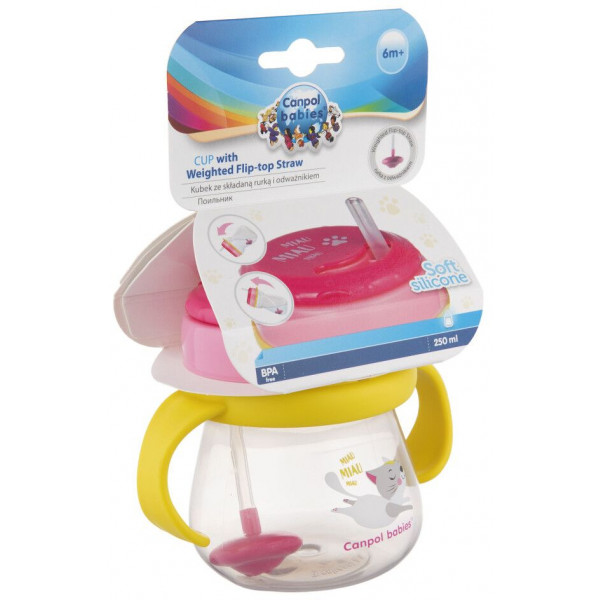 Фото - Чашка-непроливайка дитяча Canpol babies зі складною силіконовою трубочкою і обтяжувачем, котик, 250 мл. (56/520)