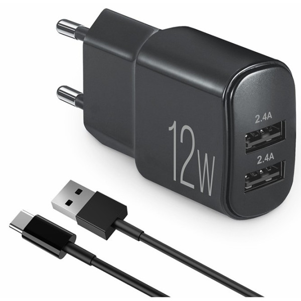 Фото - Мережевий зарядний пристрій Brevia ePower 12W 2xUSB-A + Cable USB-A to USB-C 1m (45012DUCB)