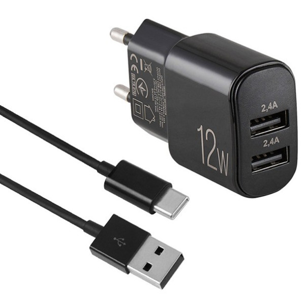 Фото - Мережевий зарядний пристрій Brevia ePower 12W 2xUSB-A + Cable USB-A to USB-C 1m (45012DUCB)