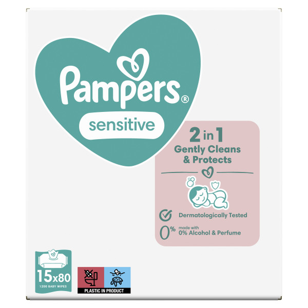 Фото - Вологі серветки для немовлят Pampers Sensitive, 1200 шт. (15*80 шт) (80844940)