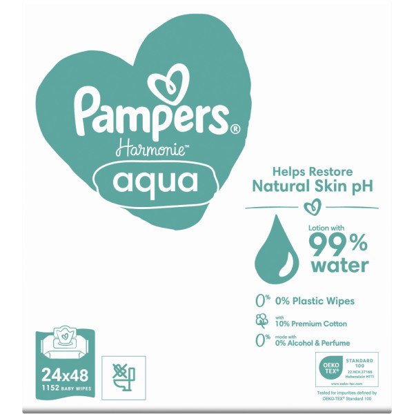 Фото - Вологі серветки для немовлят Pampers Harmonie Aqua, 1152 шт. (24*48 шт.) (80770613)
