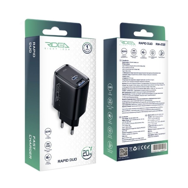 Фото - Сетевое зарядное устройство Ridea Rapid Duo 1USB/1USB-C QC/PD 20W Black (RW-20220)