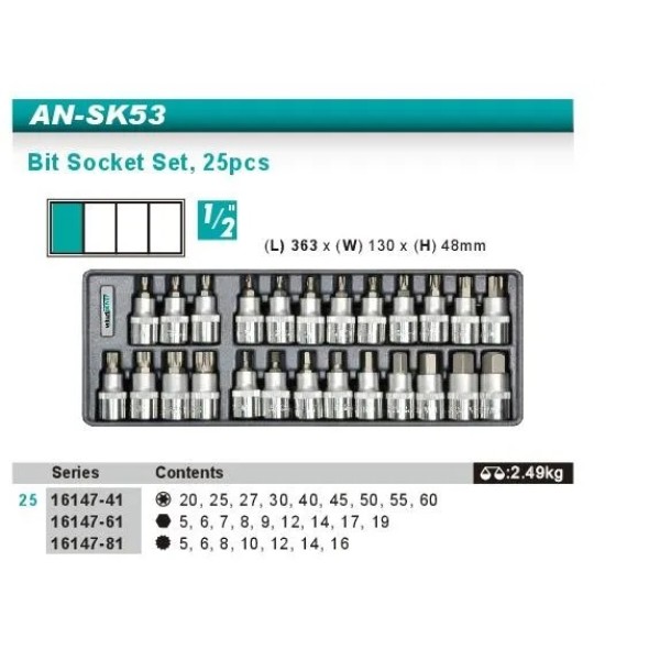Фото - Набір торцевих голівок Whirlpower Hex Torx Spline 1/2" 25 шт. (AN-SK53)