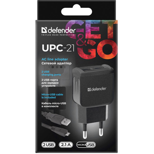 Фото - Мережевий зарядний пристрій Defender UPС-21 2xUSB,5V/2.1А кабель microUSB (83581)