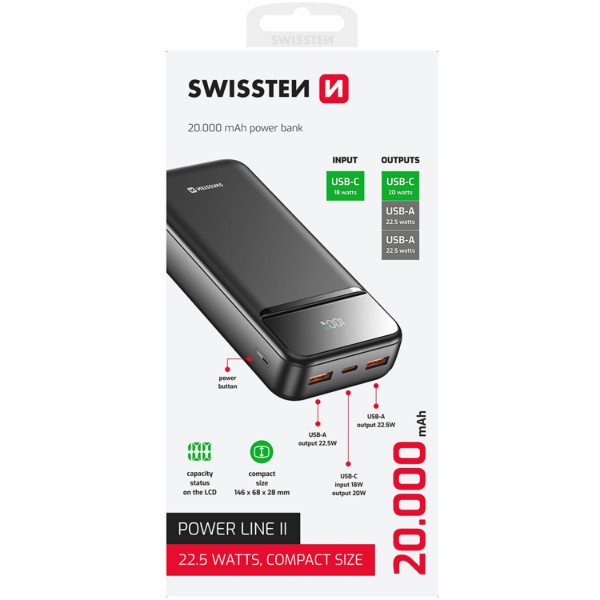 Фото - Батарея мобильная Swissten 20000 mAh POWER LINE II 22.5 Вт PD Black (8595217490628)