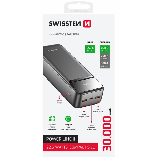 Фото - Батарея мобильная Swissten 30000 mAh POWER LINE II 22.5 Вт PD Black (8595217490635)