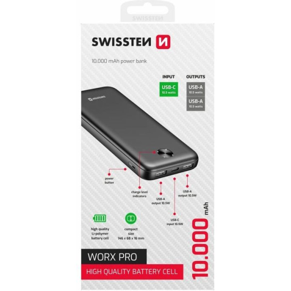 Фото - Батарея мобильная Swissten POWER BANK 10000 mAh 10,5 W WORX PRO Black (8595217490642)
