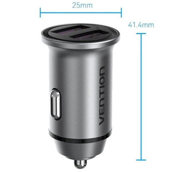 Фото - Автомобільний зарядний пристрій Vention 2USB-A 30W QC3.0 Gray Mini Style Aluminium Alloy Type (FFEH0)