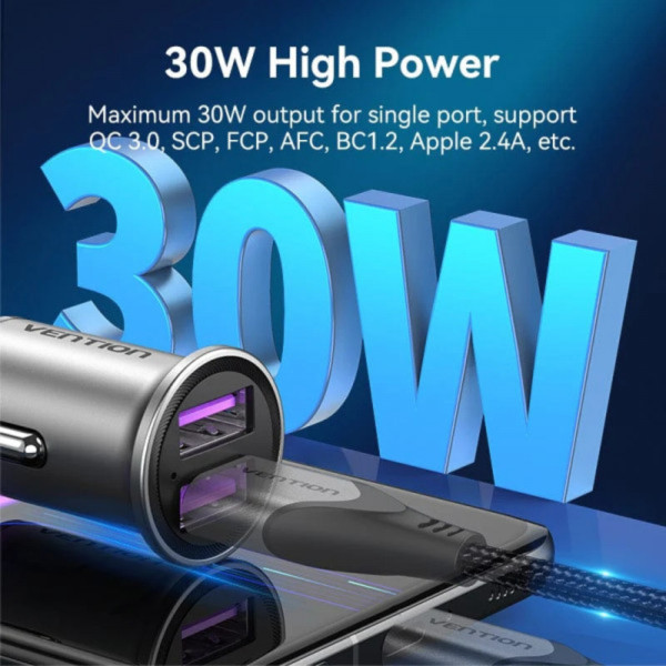 Фото - Автомобільний зарядний пристрій Vention 2USB-A 30W QC3.0 Gray Mini Style Aluminium Alloy Type (FFEH0)