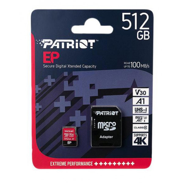 Фото - Карта пам'яті Patriot 512GB UHS-I/U3 Class 10 EP A1 R90/W80MB/s + SD-adapter (PEF512GEP31MCX)