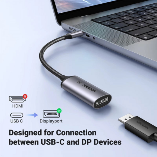 Фото - Перехідник UGREEN USB 2.0 Type-C DisplayPort Thunderbolt 4 CM654 Gray (15575)