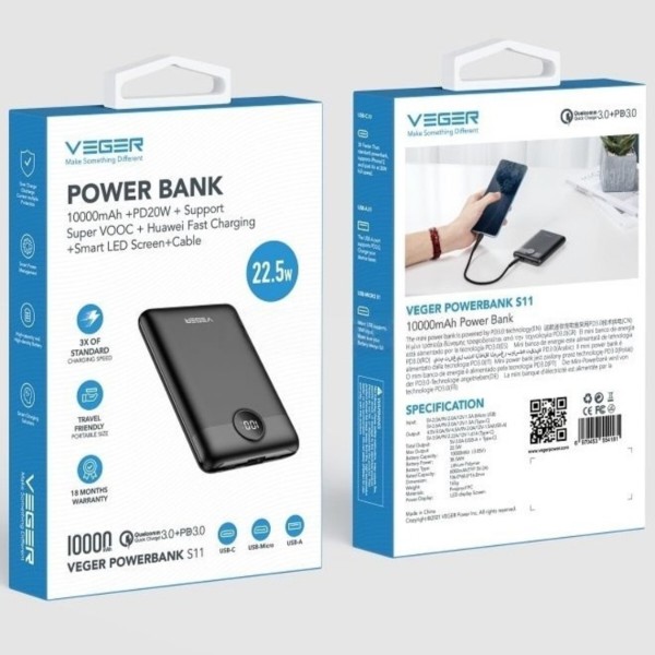 Фото - Батарея мобільна Veger S11 LCD Display PD QC3.0 22,5W 10000mAh Black W1140 (6970453554181)