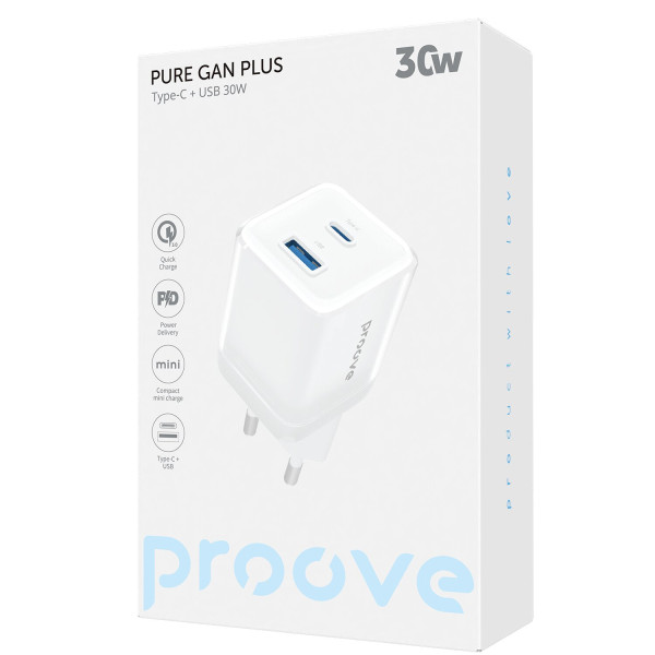 Фото - Сетевое зарядное устройство Proove Pure GaN Plus 30W (Type-C + USB) White (WCPU30111202)