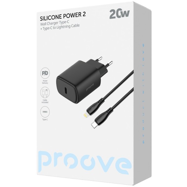 Фото - Мережевий зарядний пристрій Proove Silicone Power 2 20W (Type-C) + Cable Type-C to Lightning (1m) black (WCSP22010001)