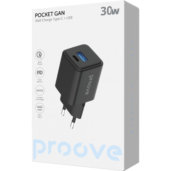 Фото - Сетевое зарядное устройство Proove Pocket GaN 30W (Type-C + USB) black (WCPG30110001)