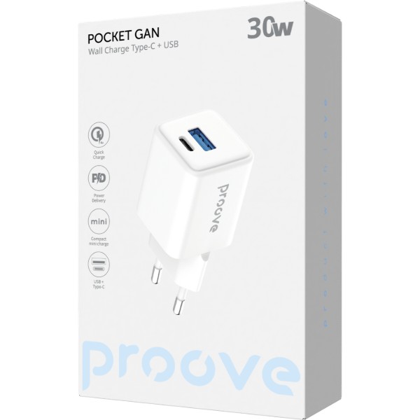 Фото - Сетевое зарядное устройство Proove Pocket GaN 30W (Type-C + USB) white (WCPG30110002)