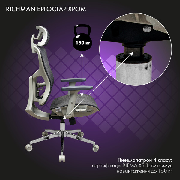 Фото - Крісло для геймерів Richman Ергостар Хром Synchro Сітка Сіра