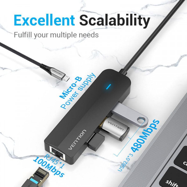 Фото - Хаб USB Vention USB 3.1 Type-C 3xUSB 2.0+MicroUSB+RJ45 (TGOBB)