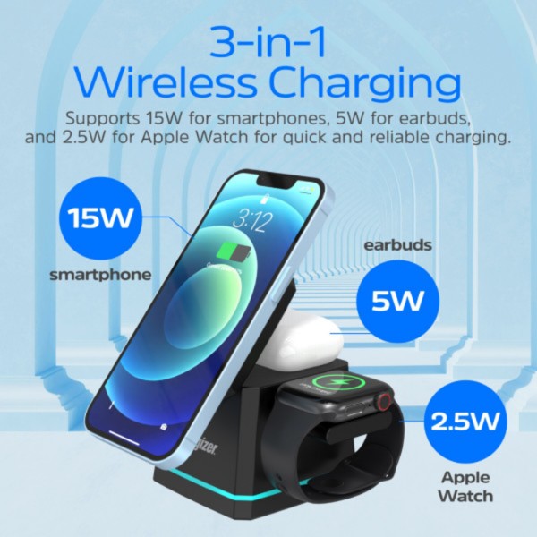 Фото - Бездротовий зарядний пристрій Energizer 15W 3-in-1 Magnetic Wireless Fast Charger Black (WCP307)