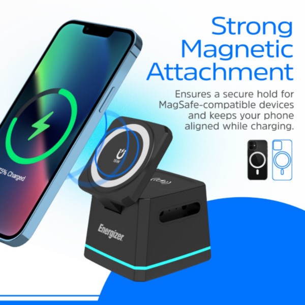Фото - Бездротовий зарядний пристрій Energizer 15W 3-in-1 Magnetic Wireless Fast Charger Black (WCP307)