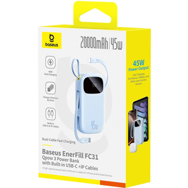 Фото - Батарея мобільна Baseus 20000mAh EnerFill FC31 45W PD,QC,USB-A,USB-C In/Out, built-in USB-C/Lightning cable Blue (E0028D03)