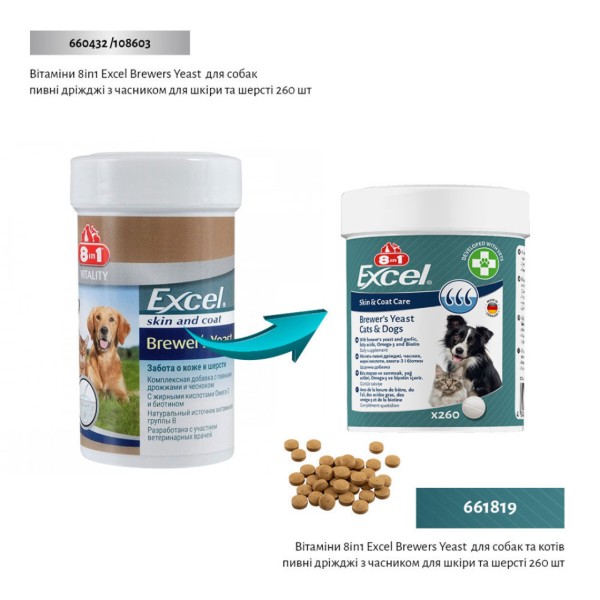 Фото - Витамины для кошек и собак 8in1 Excel Brewers Yeast пивные дрожжи с чесноком для кожи и шерсти 260 шт. (4048422183815)