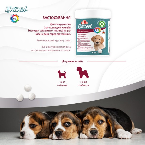 Фото - Витамины для собак 8in1 Excel Multi Vitamin Puppy для щенков и молодых собак 100 шт. (4048422183846)