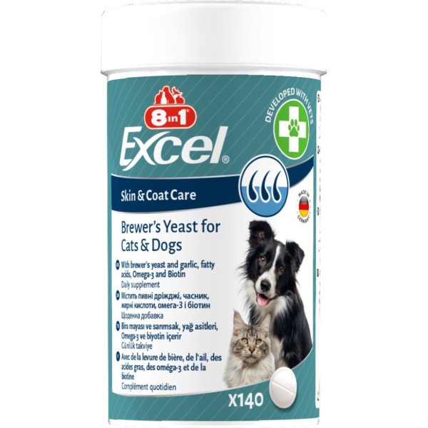Фото - Витамины для кошек и собак 8in1 Excel Brewers Yeast пивные дрожжи с чесноком для кожи и шерсти 140 шт. (4048422183938)