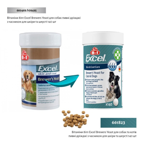 Фото - Витамины для кошек и собак 8in1 Excel Brewers Yeast пивные дрожжи с чесноком для кожи и шерсти 140 шт. (4048422183938)