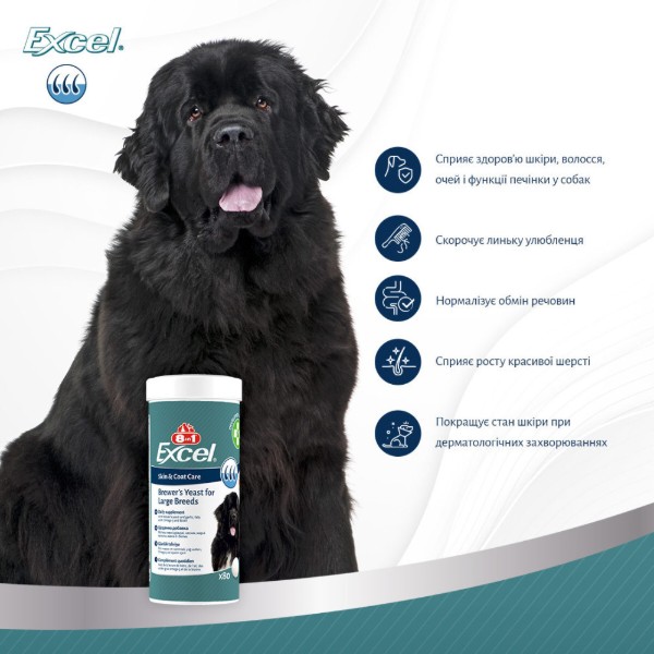 Фото - Витамины для собак 8in1 Excel Brewers Yeast Large Breed для больших пород пивные дрожжи с чесноком для кожи и шерсти 80 шт. (4048422183969)