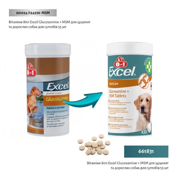 Фото - Витамины для собак 8in1 Excel Glucosamine+MSM для щенков и взрослых для суставов 55 шт. (4048422184157)